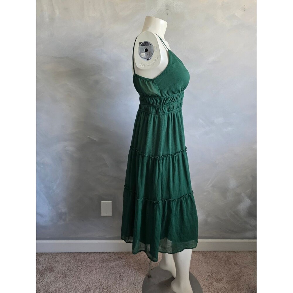 Women's Sleeveless Deep Green V Neck Dress Ruffle Tiered Midi Sz L Babydoll - Picture 4 of 9